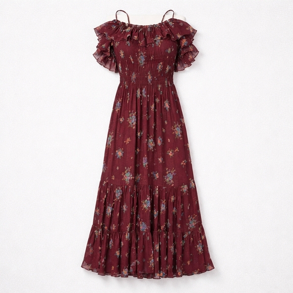 Free People Dresses & Skirts - Free People Garden Party Maxi Dress Burgundy Floral Smocked Ruffle S